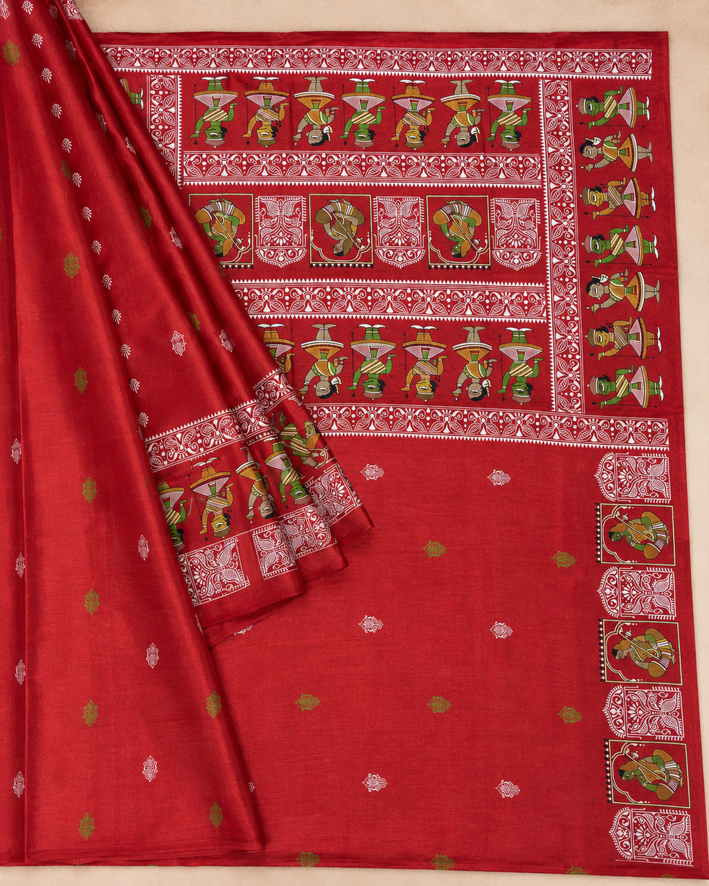Vermillion Red Tussar Silk Saree with Folk Art Motifs