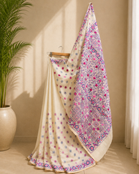 Ivory Chanderi Cotton Silk Saree with Pink & Blue Floral Accents