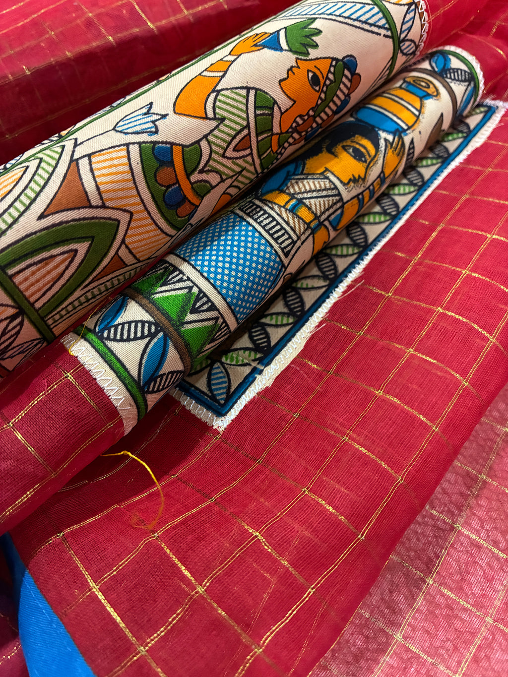 Red Handcrafted Madhubani Cut Saree
