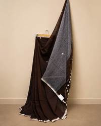 Deep Brown Mul Cotton Saree with Striped Pallu