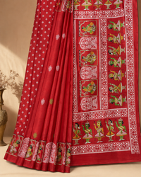 Vermillion Red Tussar Silk Saree with Folk Art Motifs