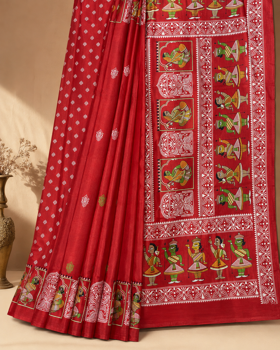 Vermillion Red Tussar Silk Saree with Folk Art Motifs