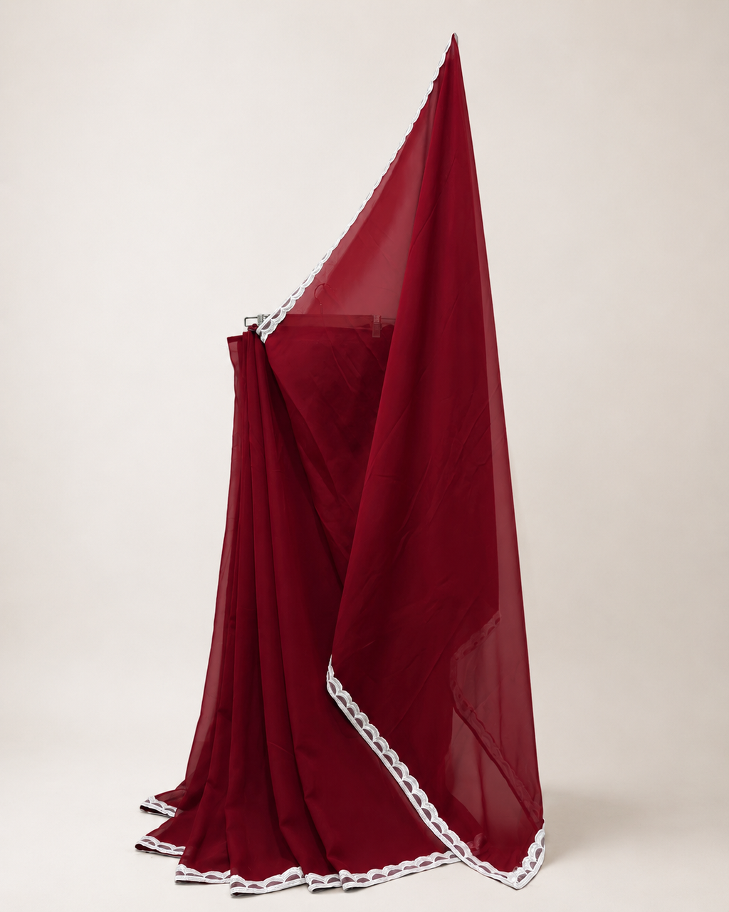 Maroon Gorgette Saree with white Pearl Border