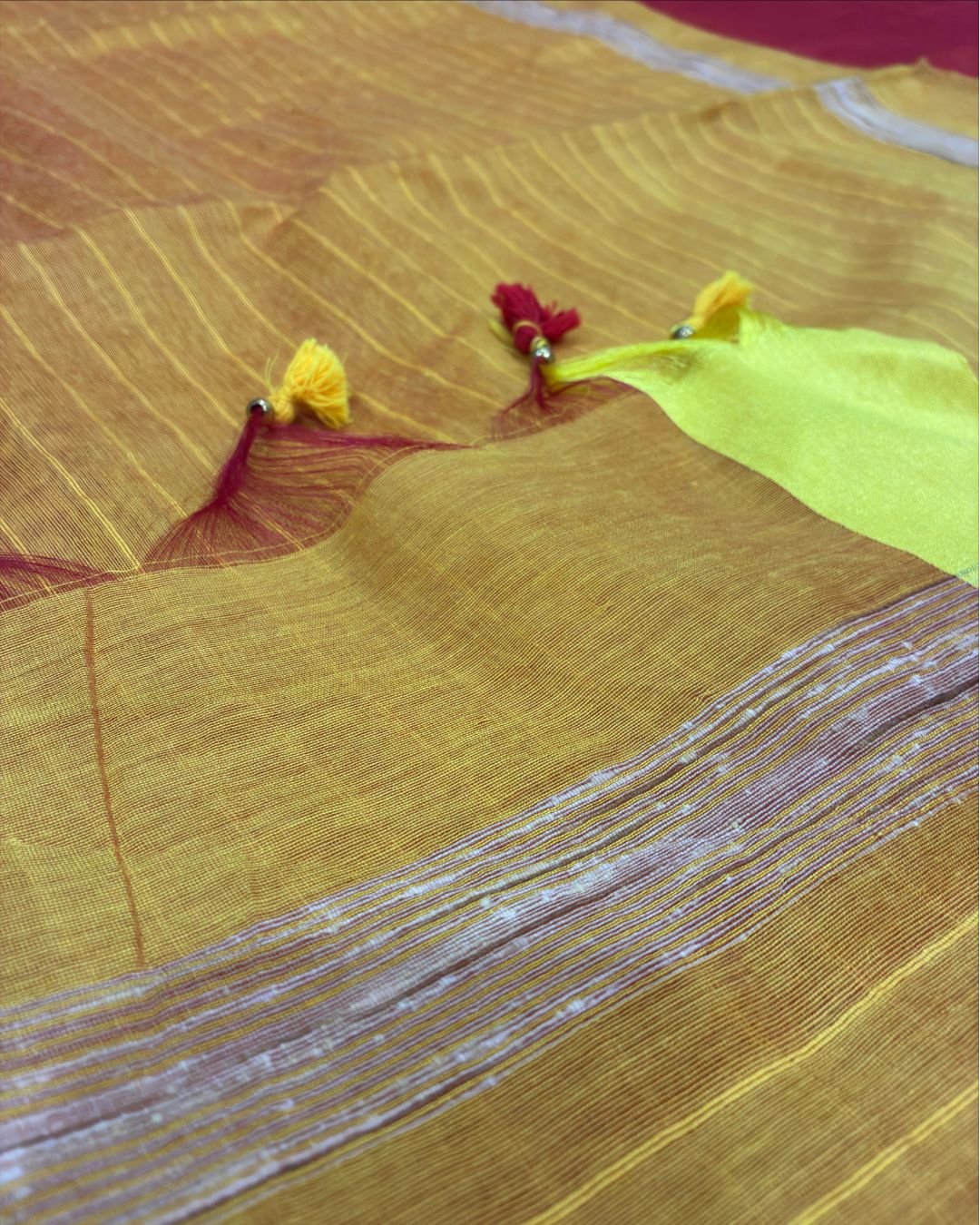 Golden Yellow Dola Saree with Red Pallu & Tassels