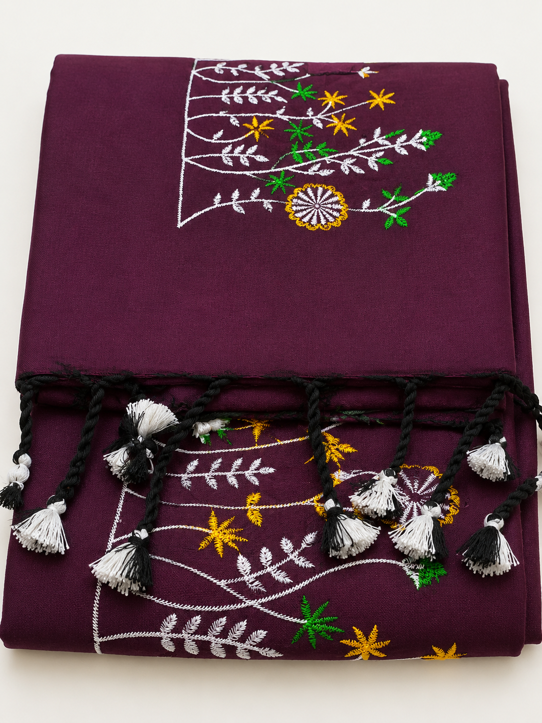 Wine Khadi Saree with Floral Embroidery