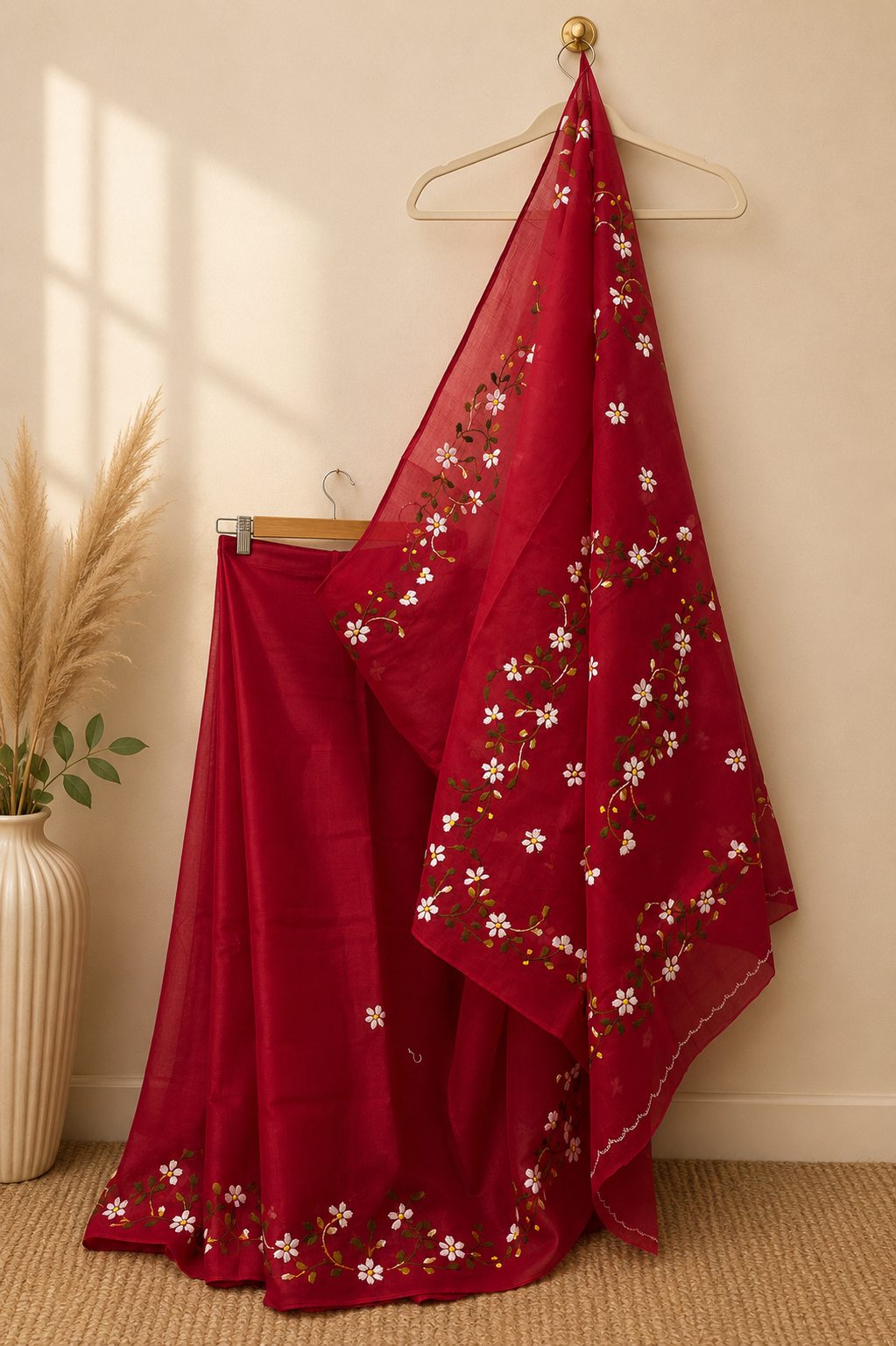 Red Organdi Stitch Cotton Saree
