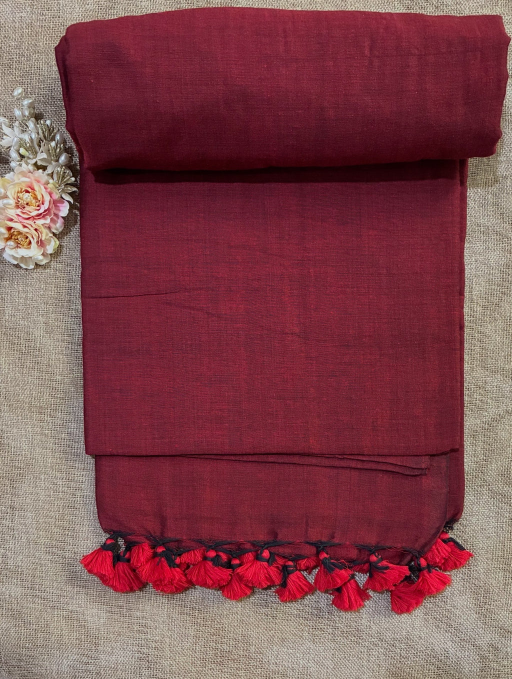 Red Khadi Saree with Kantha Work BP