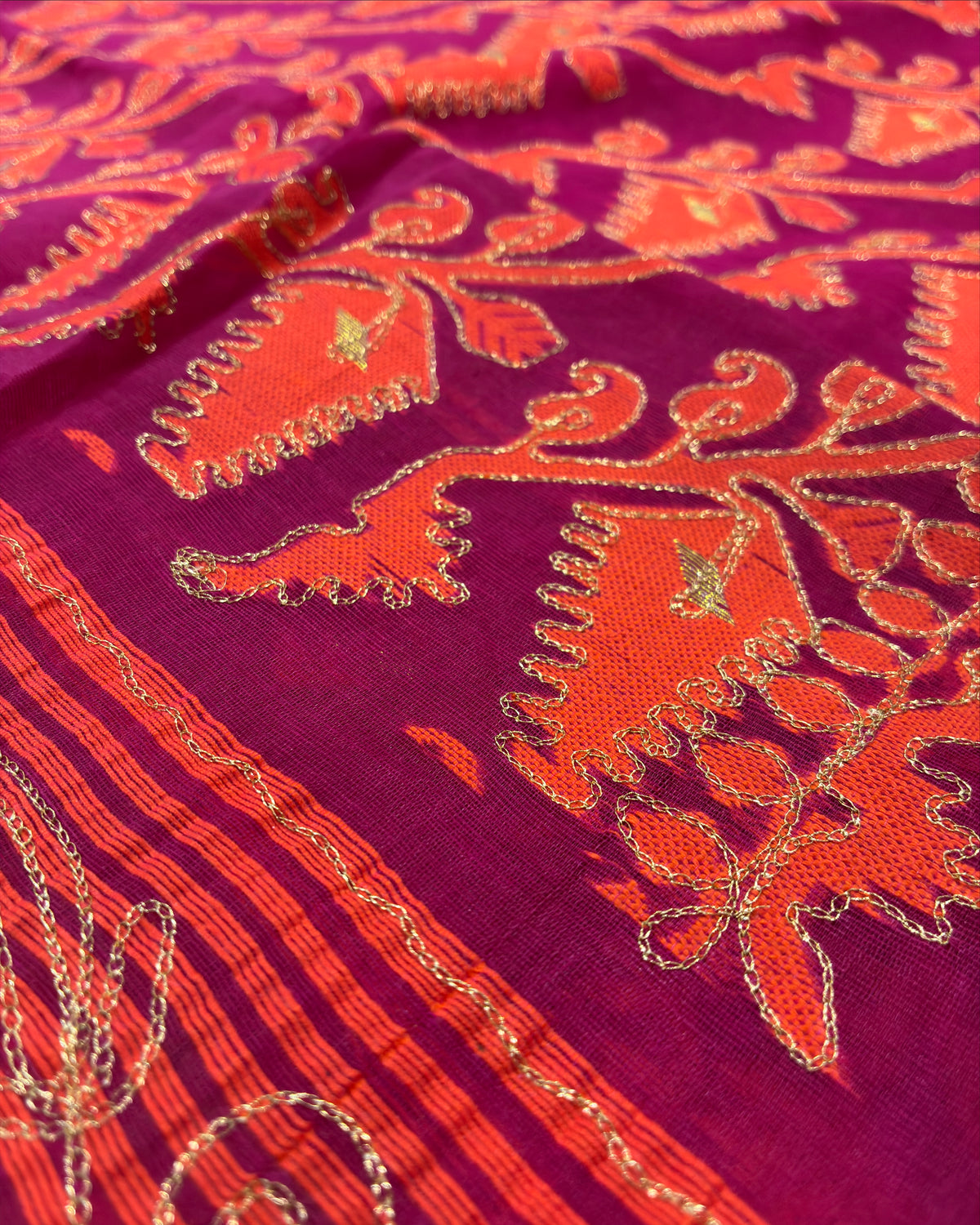 Magenta Orange Zari Jamdani Saree