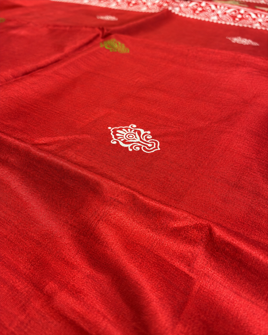 Vermillion Red Tussar Silk Saree with Folk Art Motifs