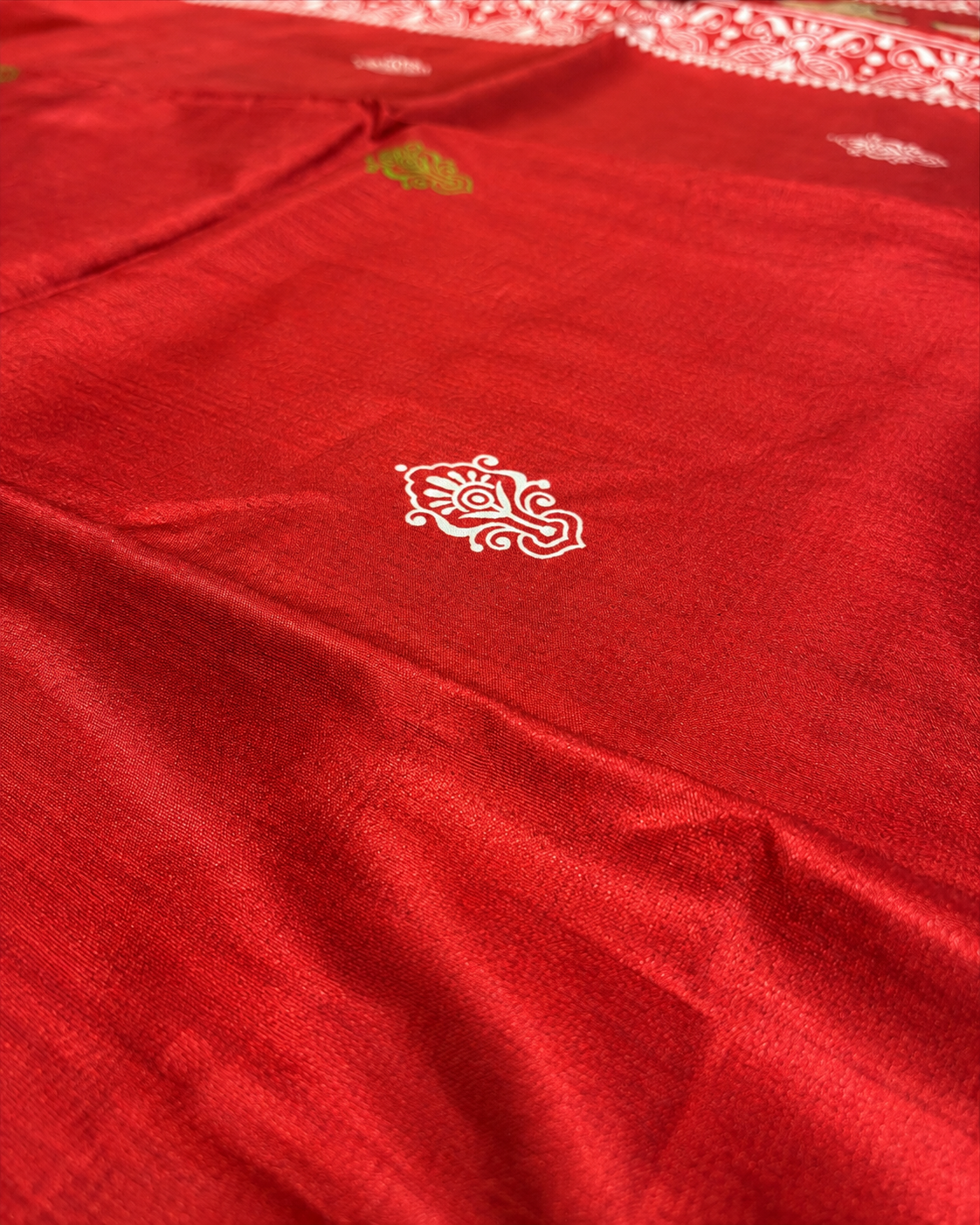 Vermillion Red Tussar Silk Saree with Folk Art Motifs