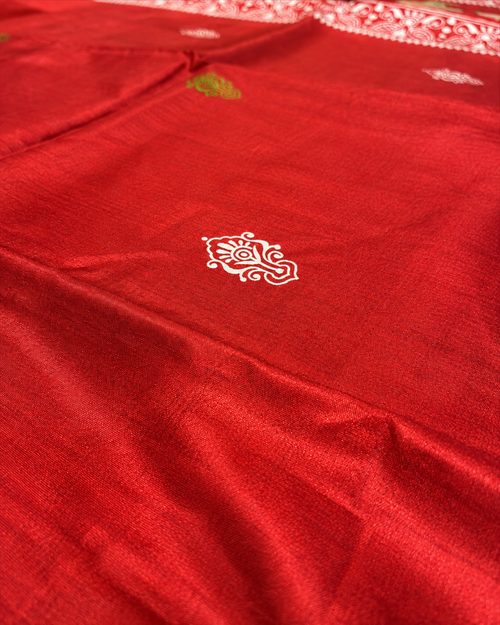 Vermillion Red Tussar Silk Saree with Folk Art Motifs