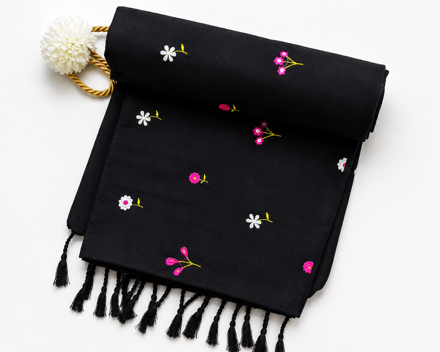 Black Khadi Saree with Floral Embroidery
