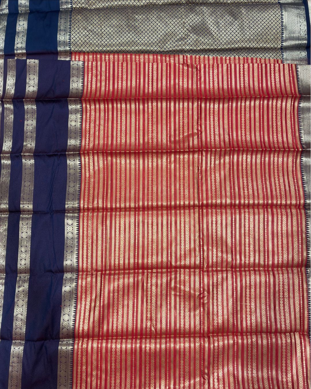 Red & Royal Blue Pattu Silk Saree with Gold Zari Pallu