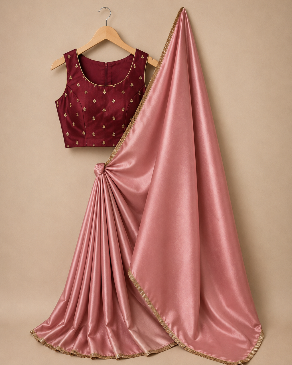 Dusty Rose Satin Saree with Golden Lace