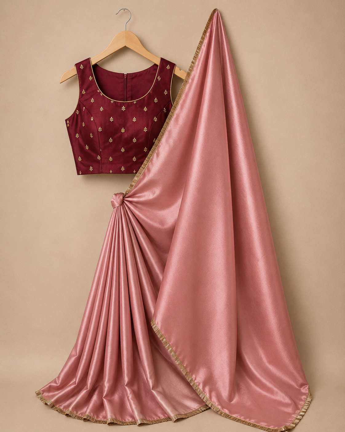 Dusty Rose Satin Saree with Golden Lace