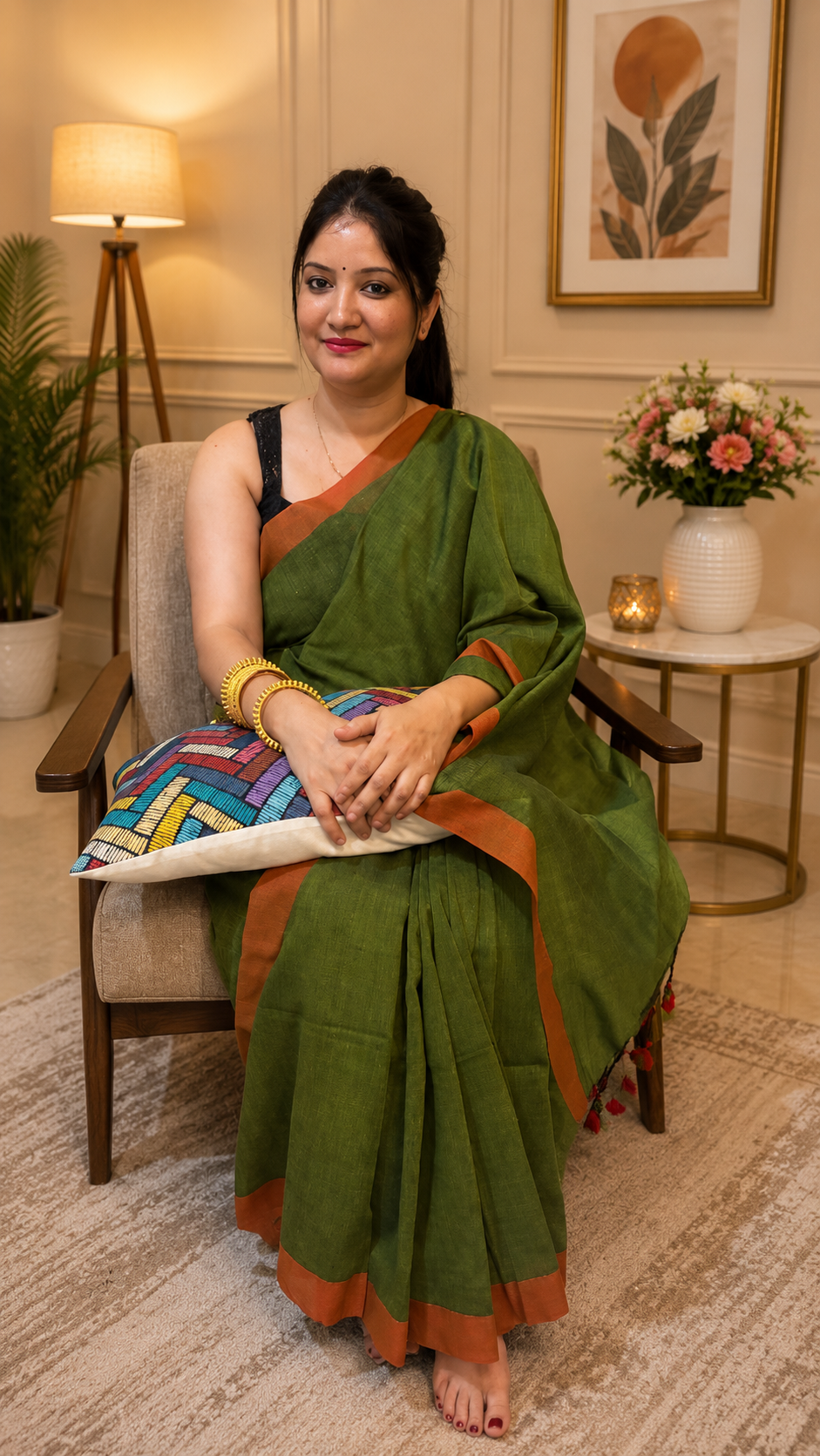 Olive Khadi Saree with Elephant Print BP