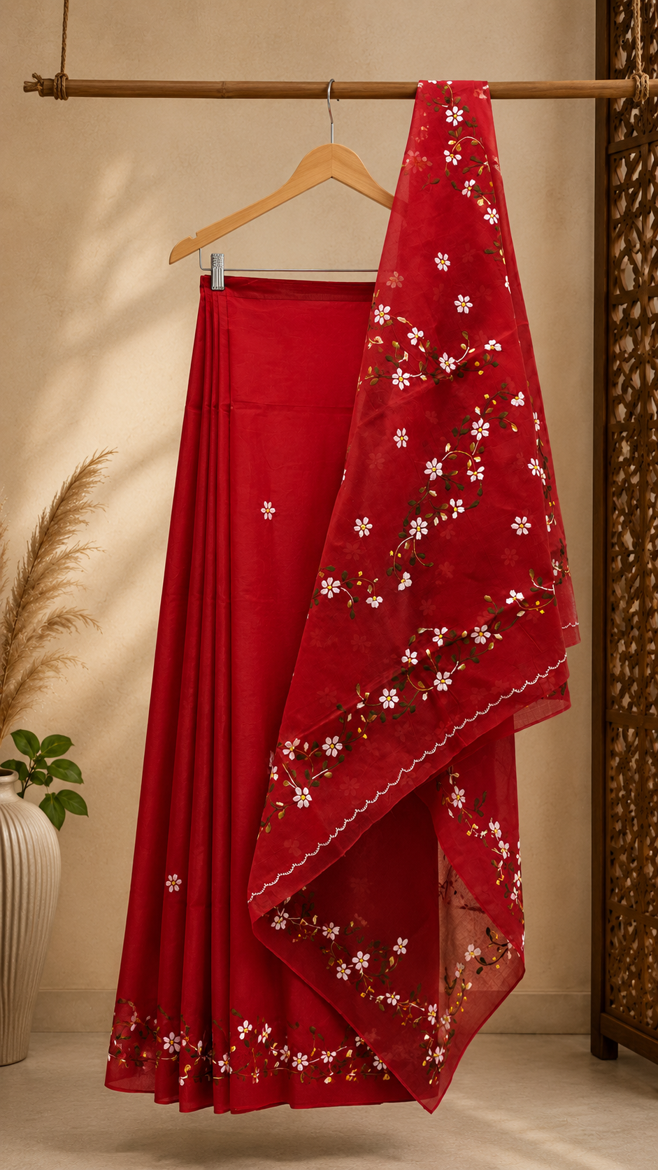 Red Organdi Stitch Cotton Saree