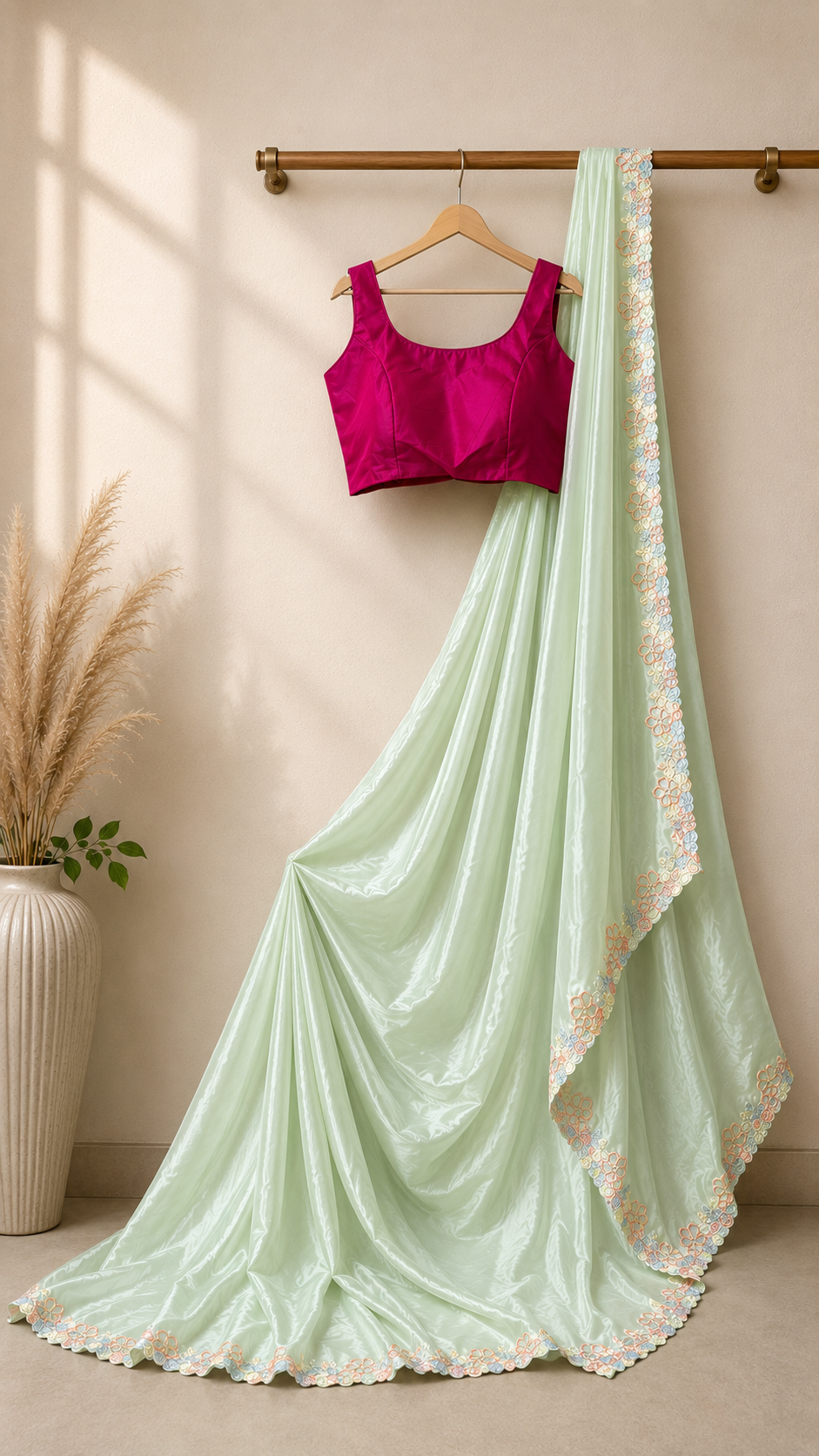 Pastel Green Crepe Saree with Floral Lace Border