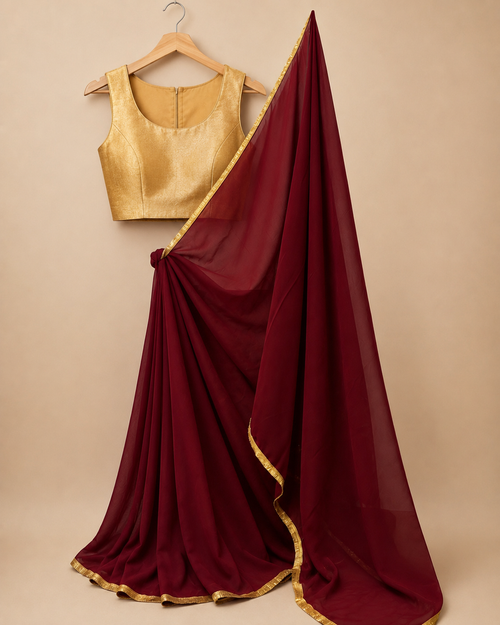 Maroon Georgette Saree with Golden Border