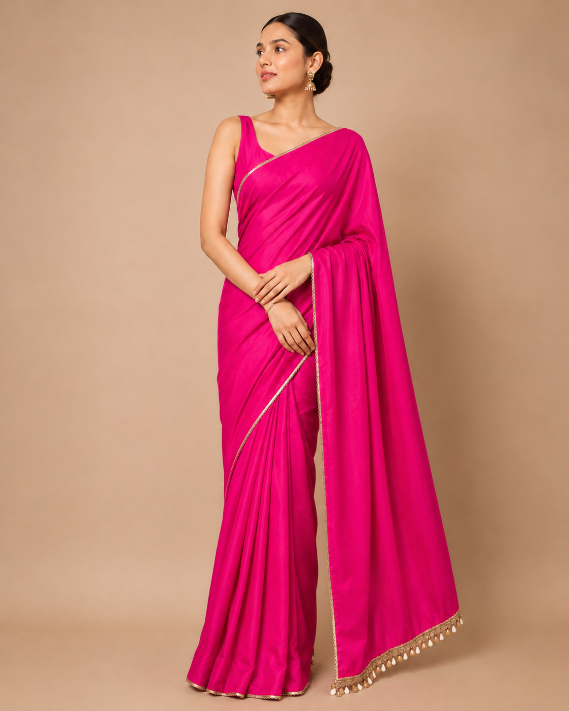 Bright Fuchsia Saree with Gotta & Cowrie Shell Lace