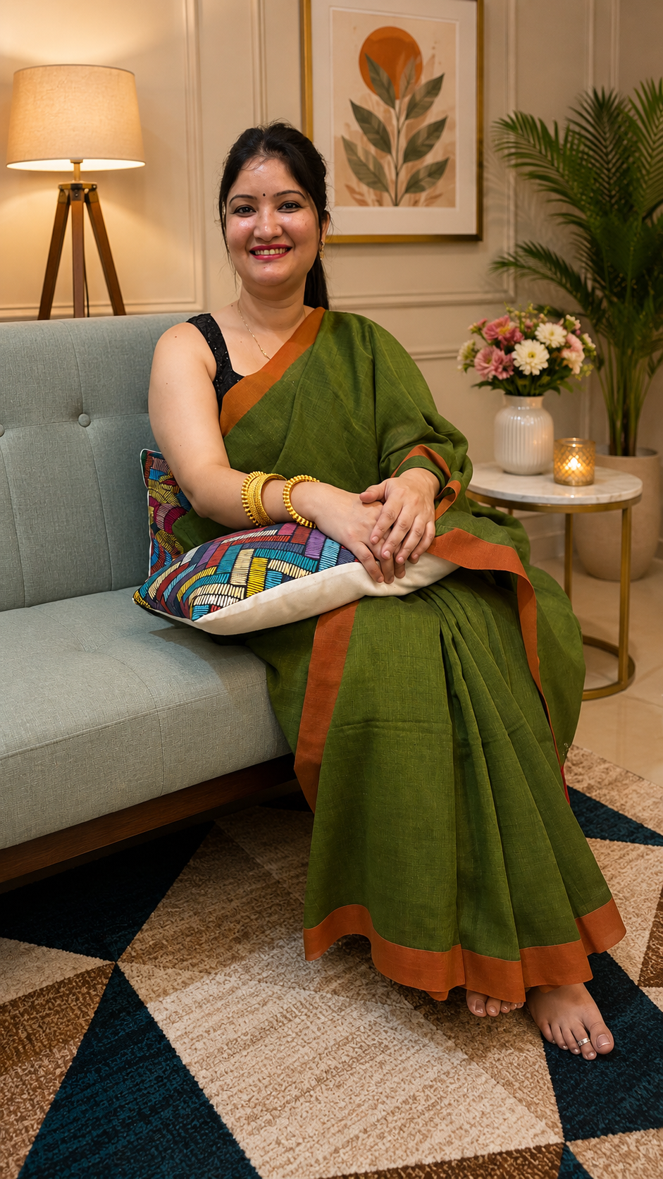 Olive Khadi Saree with Elephant Print BP