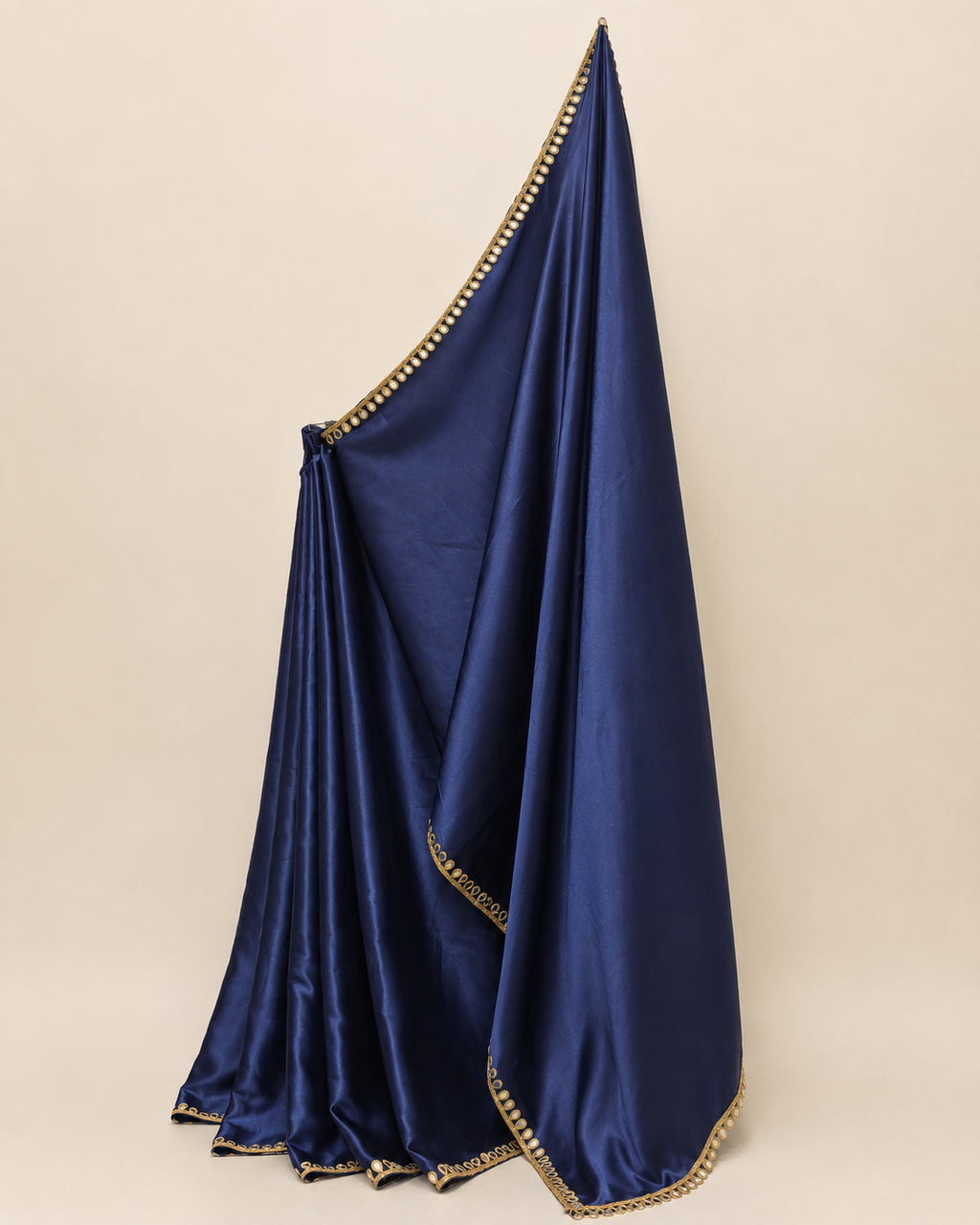 Navy Blue Satin Saree with Mirror Work Lace