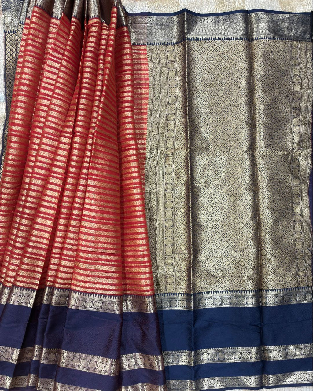 Red & Royal Blue Pattu Silk Saree with Gold Zari Pallu