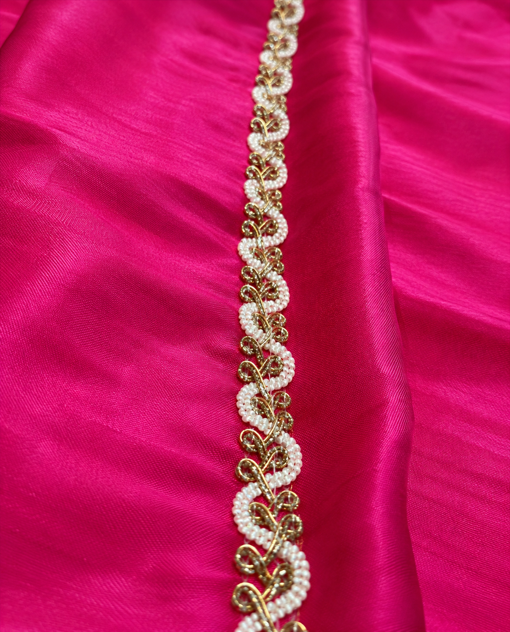Bright Fuchsia Saree with White & Gold Lace Border