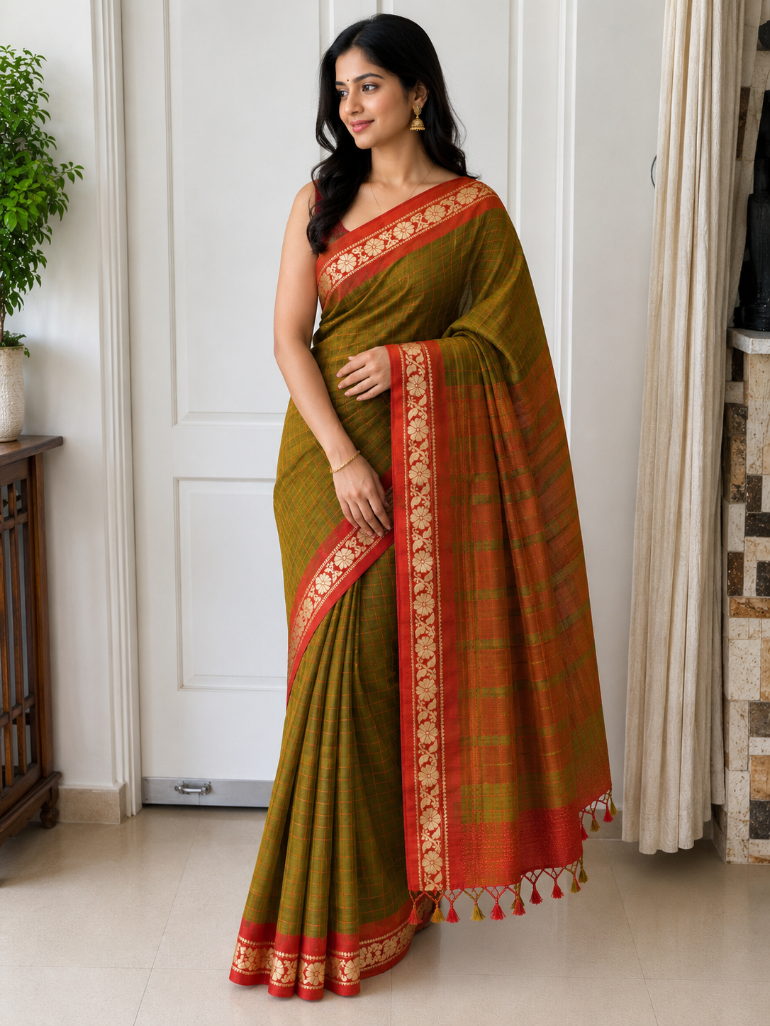 Olive Green Gadwal Cotton Saree with Orange Border