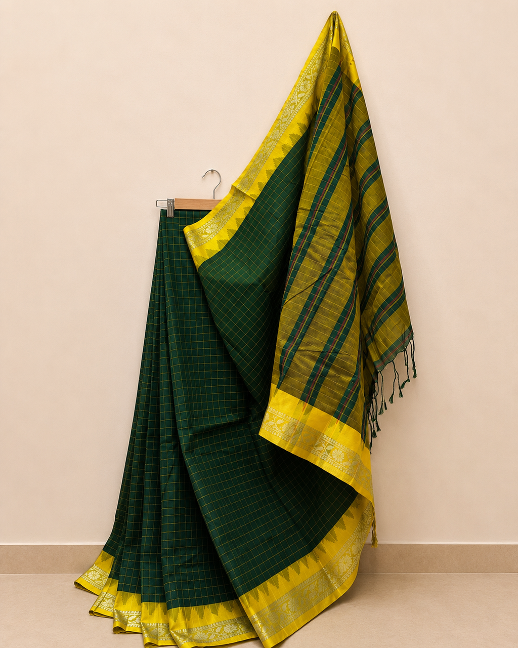 Dark Green Gadwal Cotton Saree with Yellow Border