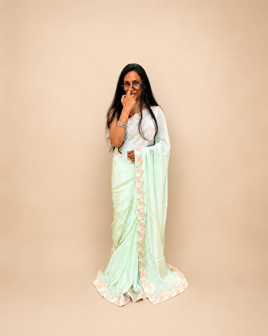 Pastel Green Crepe Saree with Floral Lace Border