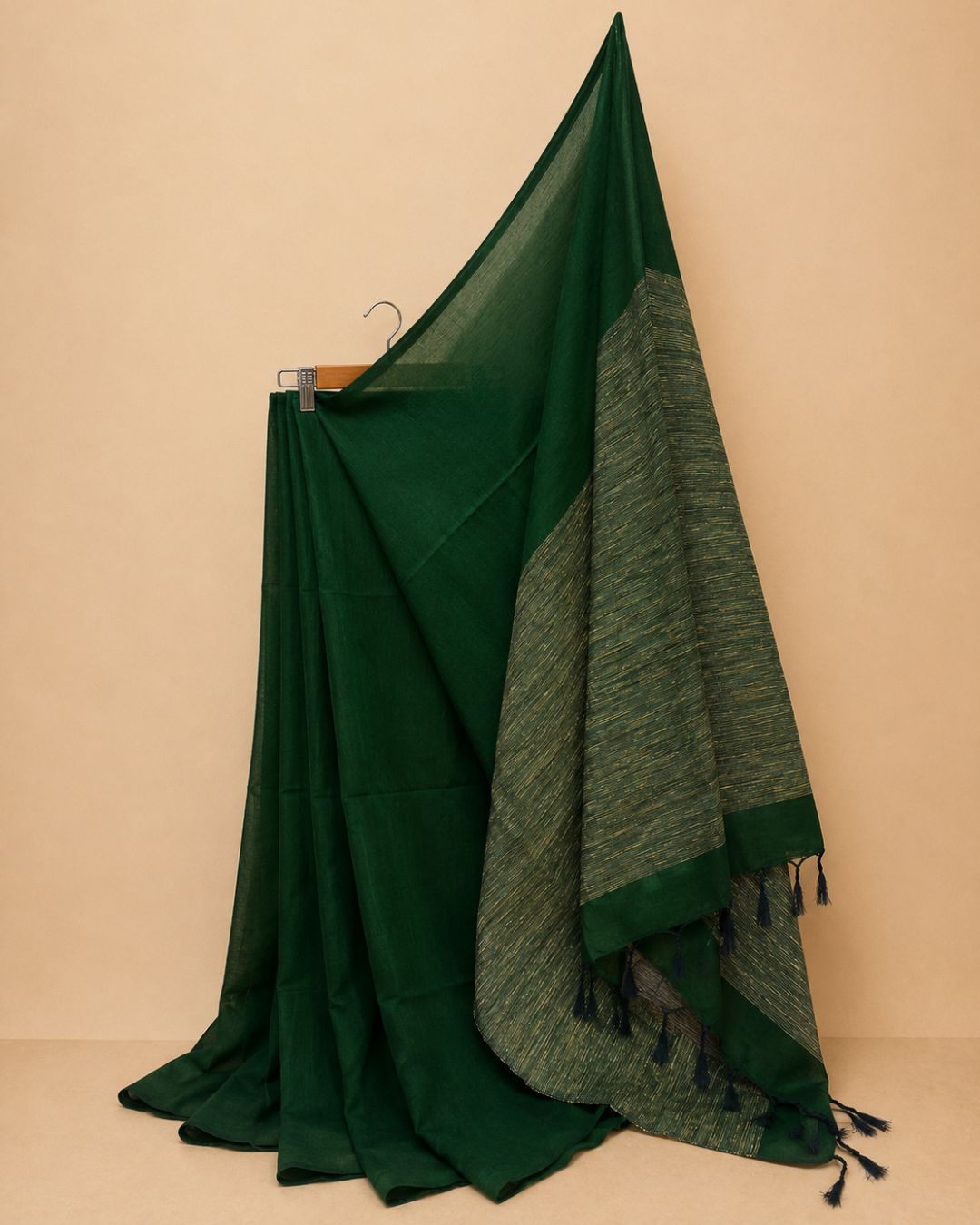 Bottle Green Katia Ghicha Khadi Saree with Antique Bronze-Gold Pallu