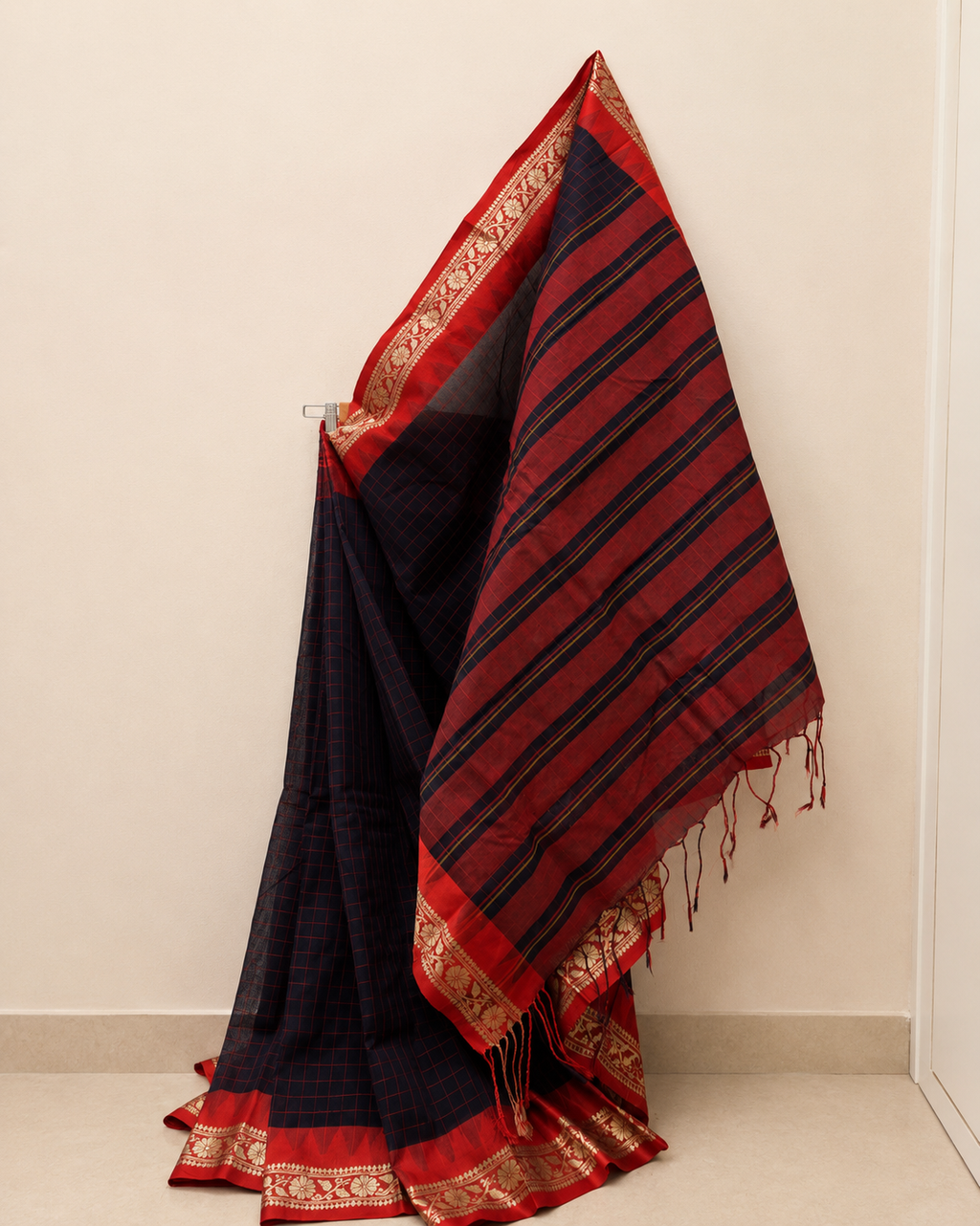 Black Gadwal Cotton Saree with Red Border