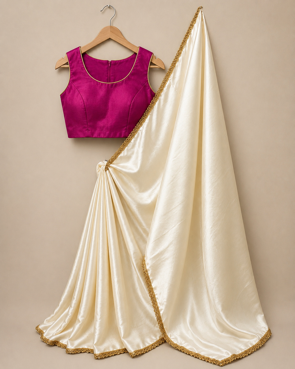 Ivory Satin Saree with Golden Lace