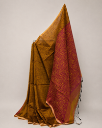 Antique Mustard & Raspberry Pink Glyph Block Print Cotton Saree