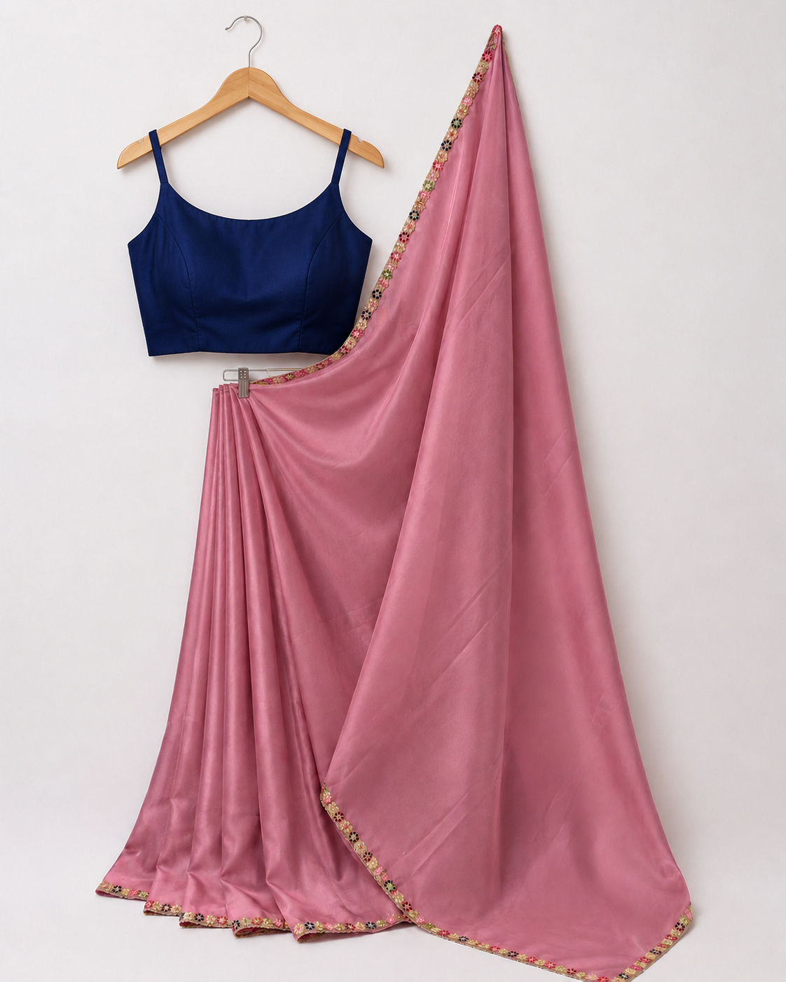 Dusty Rose Satin Saree with Flower Lace