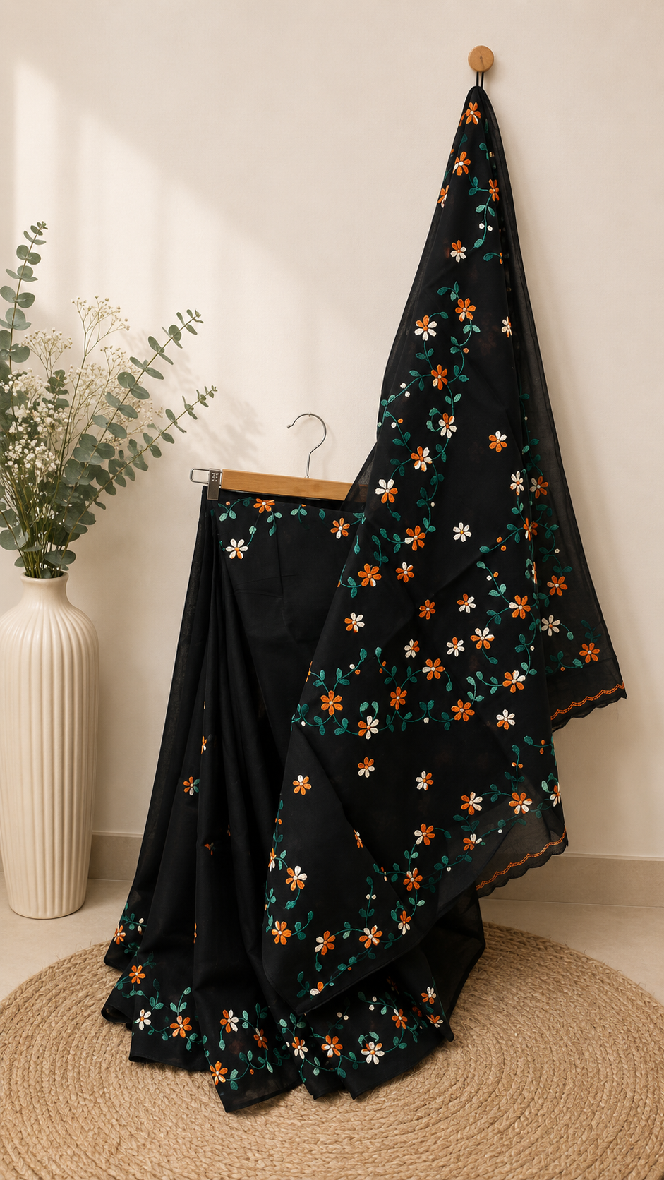 Black Organdi Stitch Cotton Saree