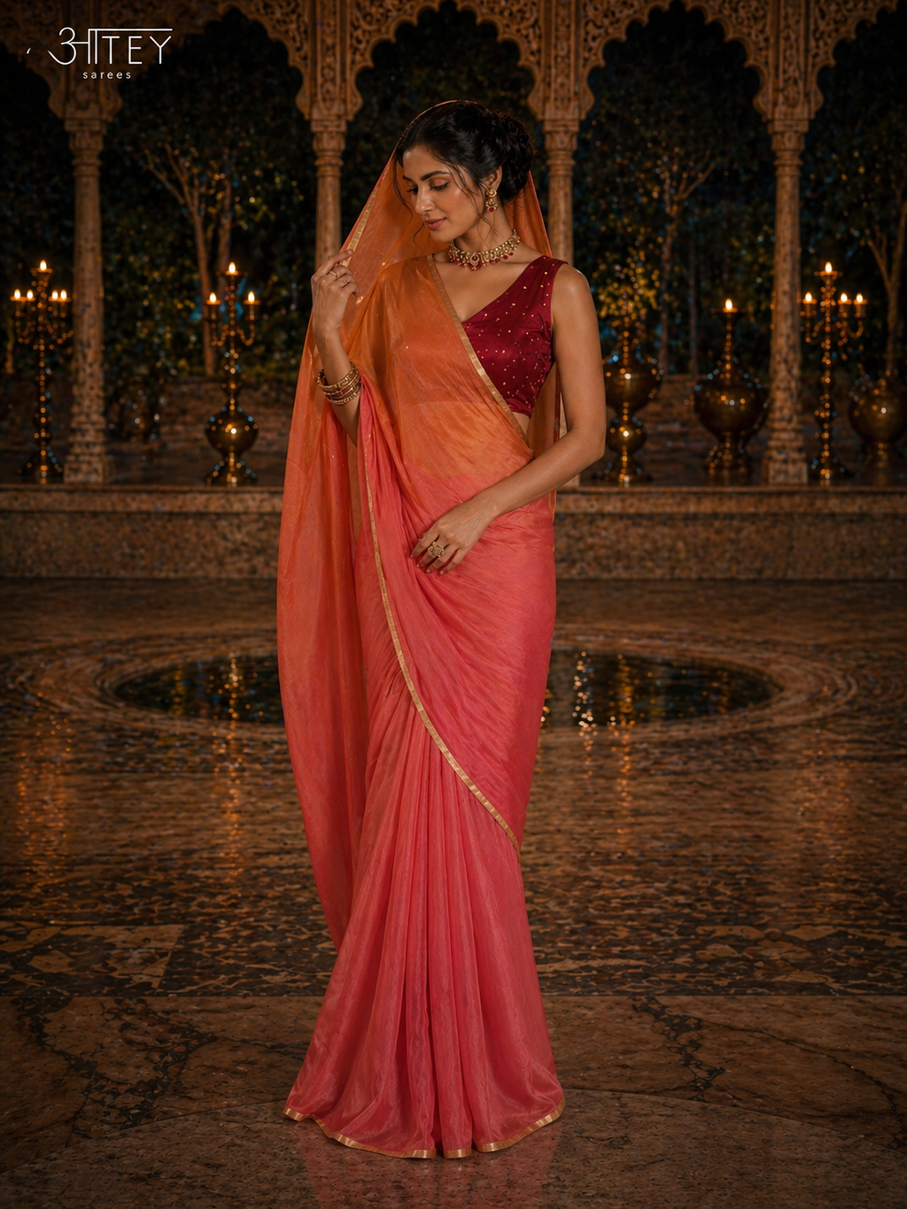 Silk Two-Tone Saree – Sunset Elegance