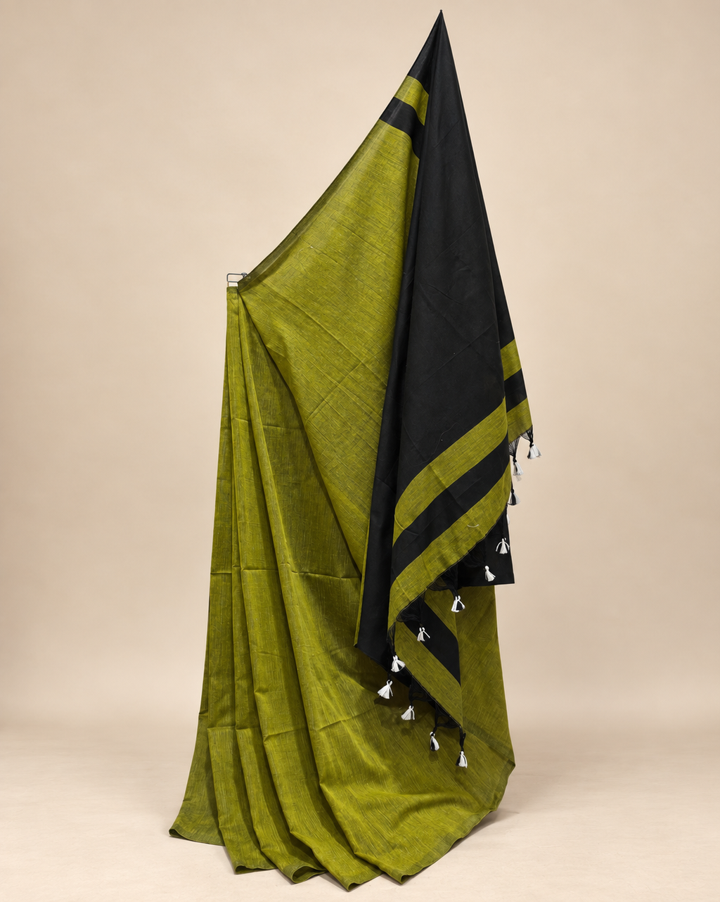 Olive Khadi Saree with Black Pallu