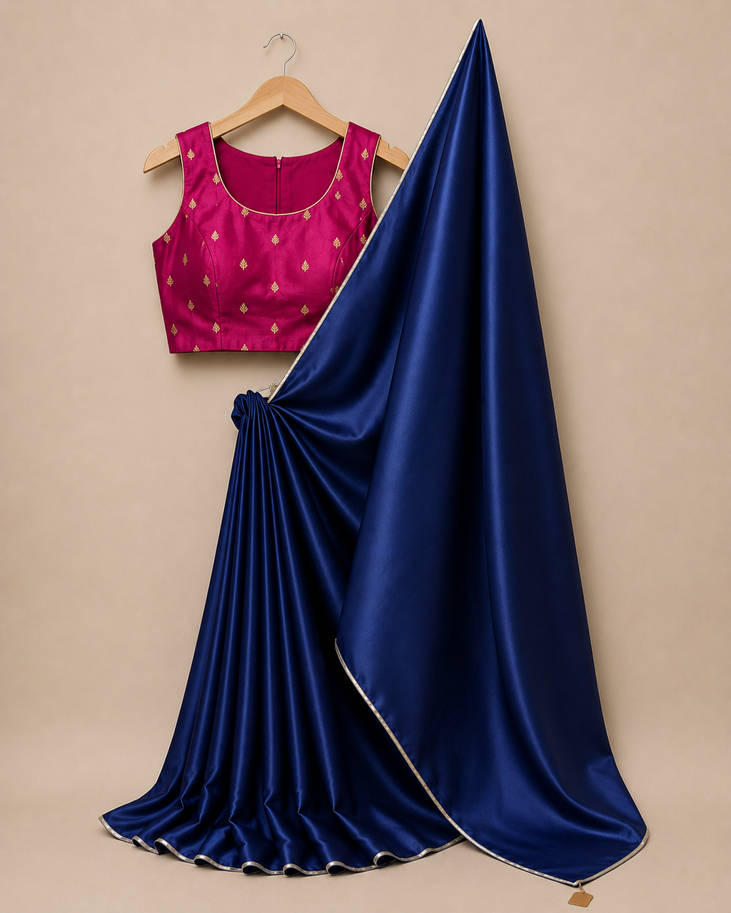 Navy Blue Satin Saree with Silver Lace
