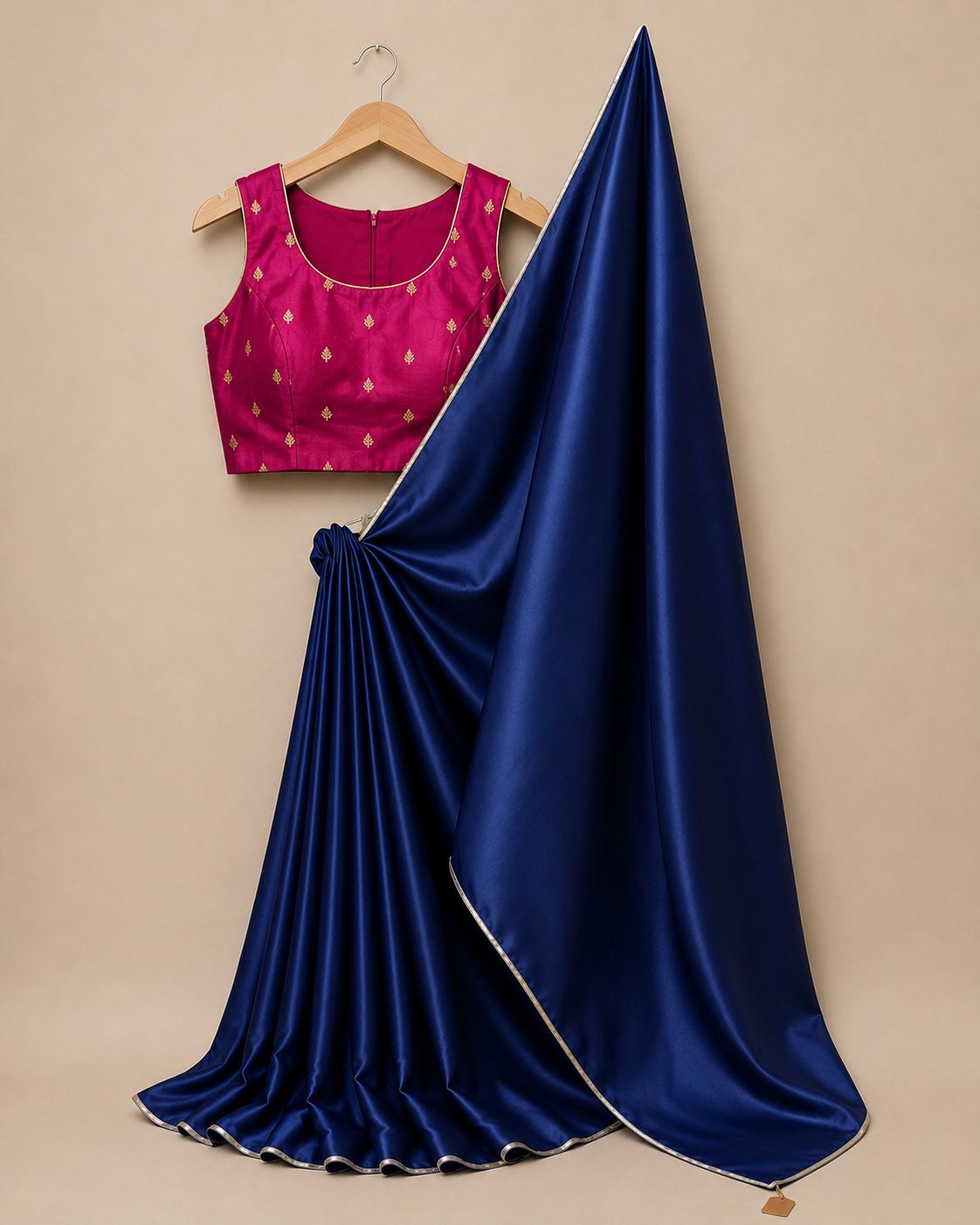 Navy Blue Satin Saree with Silver Lace