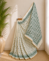 Ivory Chanderi Cotton Silk Saree with Green Floral Accents