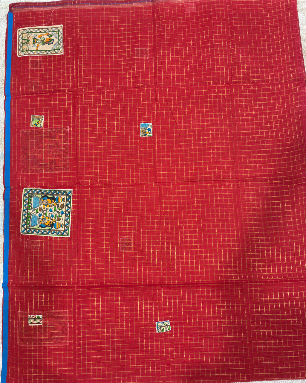 Red Handcrafted Madhubani Cut Saree