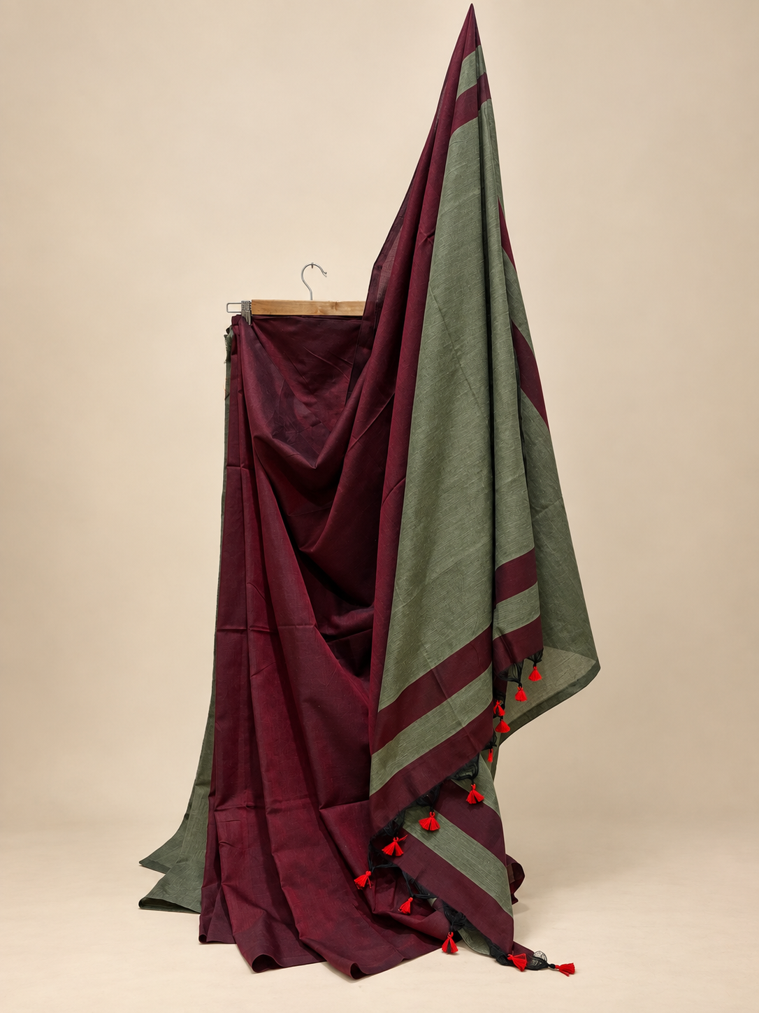 Maroon Khadi Saree with Ash Green Pallu