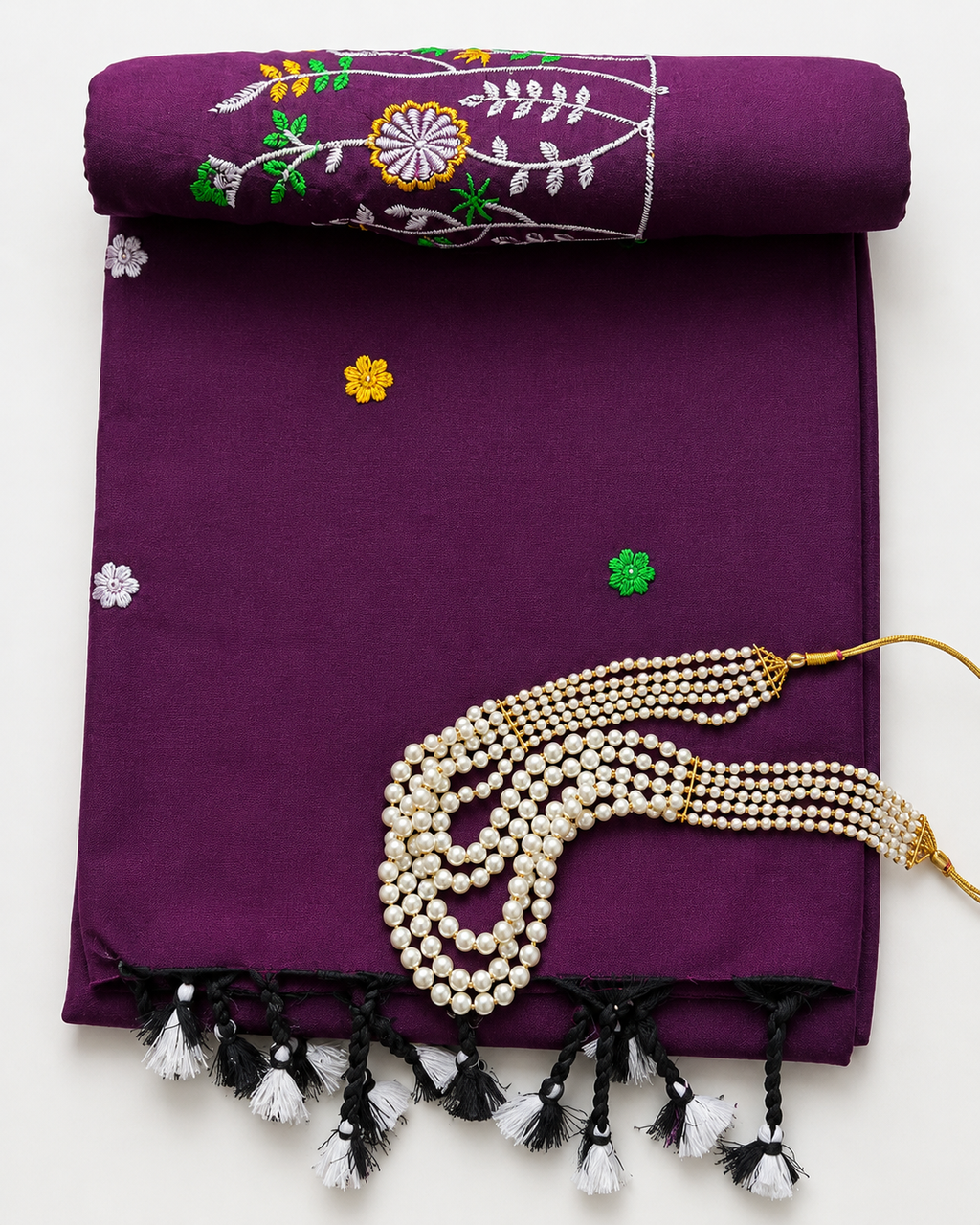 Wine Khadi Saree with Floral Embroidery