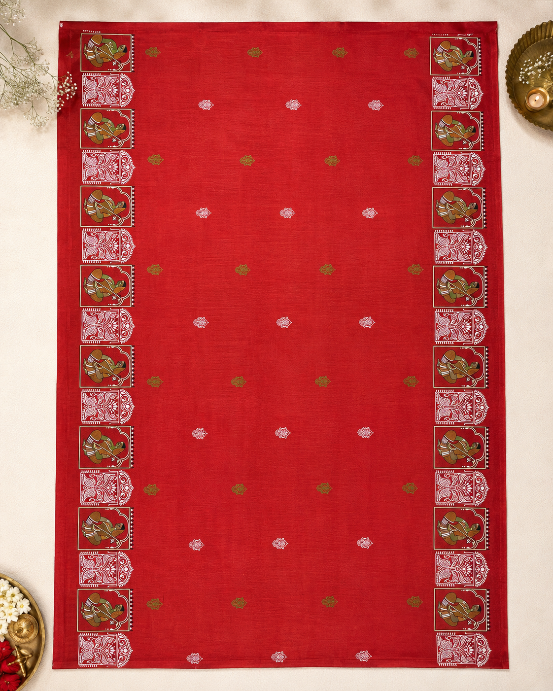 Vermillion Red Tussar Silk Saree with Folk Art Motifs