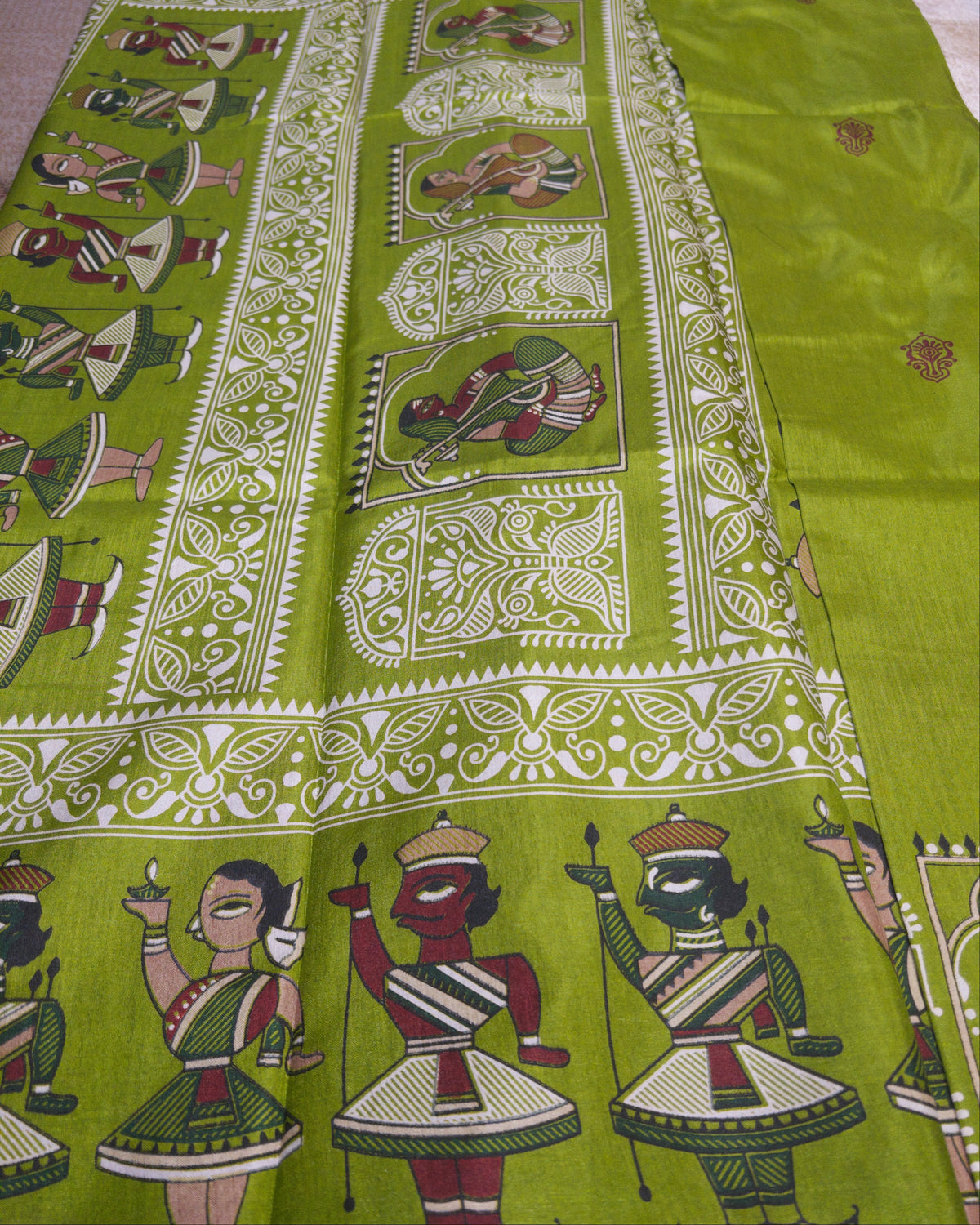 Mehendi Tussar Silk Saree with Folk Art Motifs