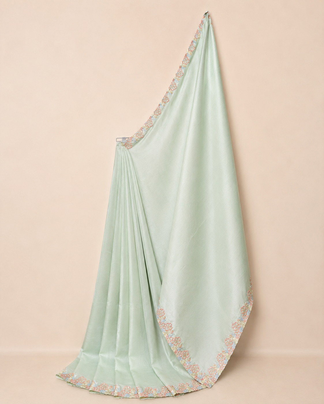 Pastel Green Crepe Saree with Floral Lace Border