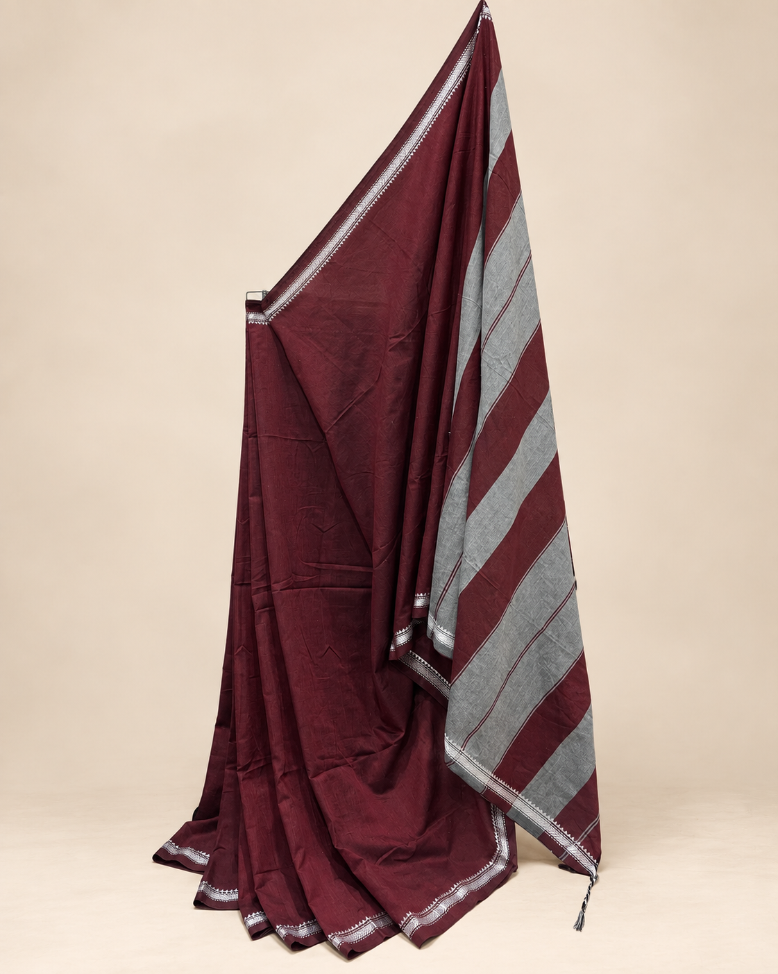 Maroon & Grey Striped Saree with Weaving Border