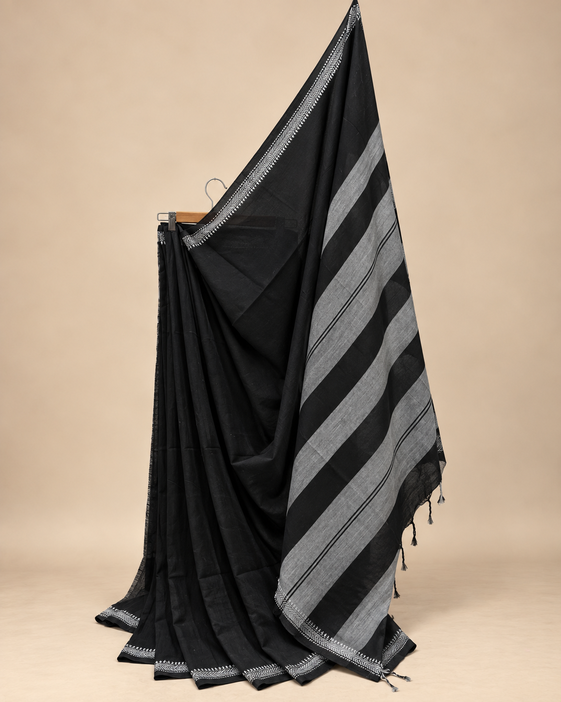 Black & Grey Striped Saree with Weaving Border